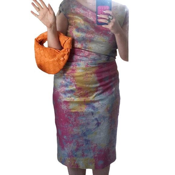 Flattering Teri Jon by Rickie Freeman Silver & Colourful Dress Size 12 - Picture 6 of 16